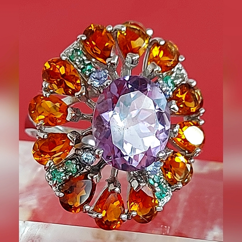 Natural Amethyst 6x4mm,‎ Citrine, Emerald 925 Sterling Silver Jewelry Ring 7.75